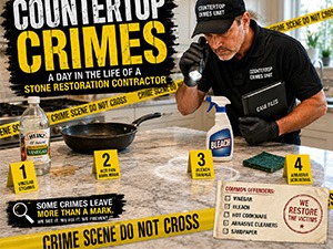 Infographic: 'Countertop Crimes' day in the life of a stone restoration contractor, with a contractor at a crime-scene setup and numbered tips.