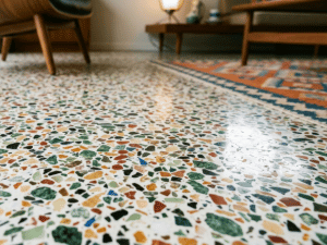 Close-up of a terrazzo floor with multicolored chips; living room furniture and a patterned rug appear in the background.